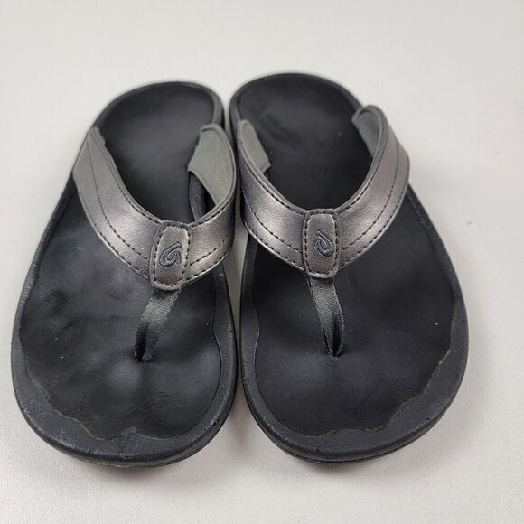 Olukai Metallic Silver Leather Flip Flop Thong Sandls Beach Comfort Womens 7.5 - Picture 2 of 11